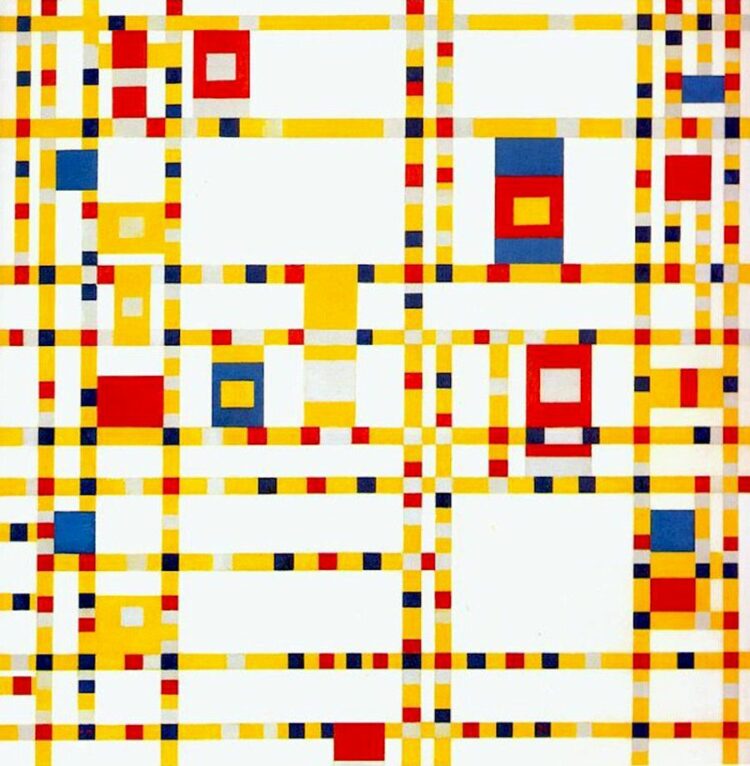 Quadratische Malerei mit rhythmisch platzierten gelben, roten und blauen Quadraten unterschiedlicher Größe