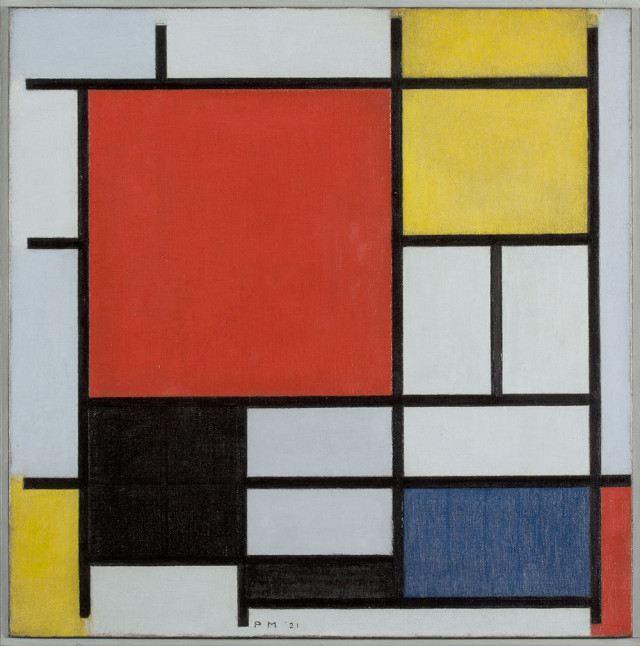Quadratische Malerei mit vertikalen und horizontalen schwarzen Linien und gelben, roten, schwarzen und blauen Farbflächen