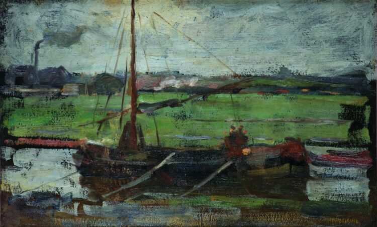 painting by Piet Mondrian, Polder With Moored Boat Near Amsterdam