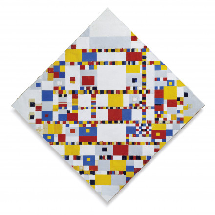 Ruitvormig schilderij met ritmisch geplaatste zwarte, witte, rode, gele, grijze en blauwe vierkanten en rechthoeken van verschillende grootte