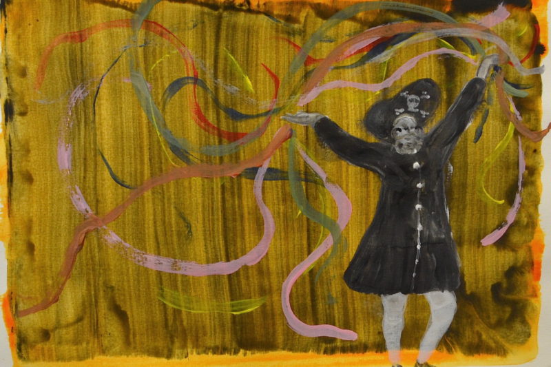 Een figuur, een vrolijk piraatje, zwaait met gekleurde linten. Schilderij van Remco Dikken.