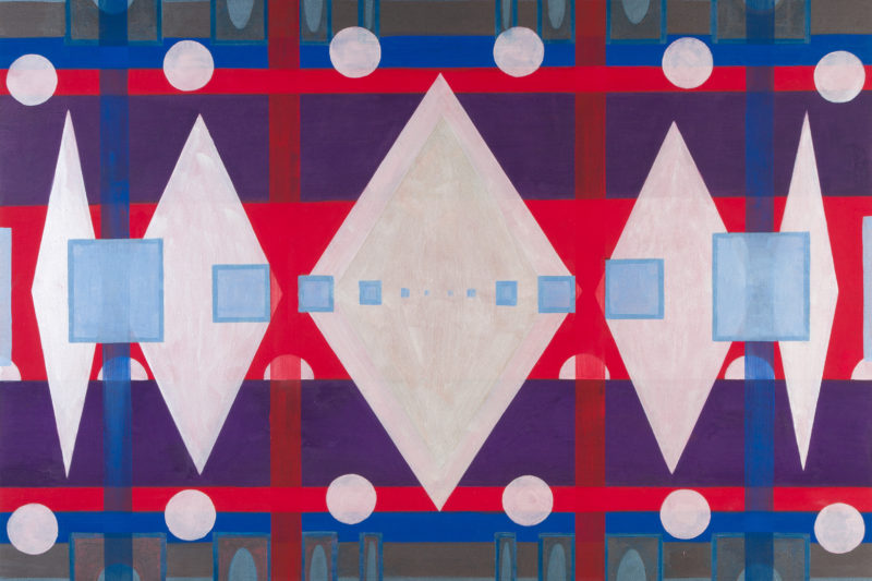 Abstract schilderij bestaande uit ruitvormige paarse, roze, blauwe en rode vlakken, van Rob Birza