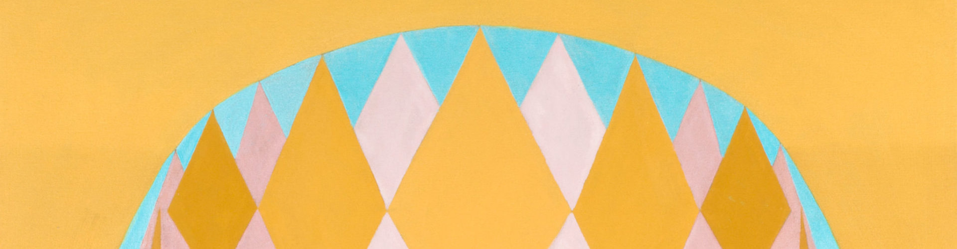Schilderij van gekleurde ruitvormige vlakken in geel, roze en blauw, samen vormen zij een ovaal