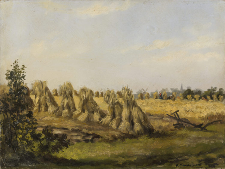 Olieverfschilderij van korenschoven in een veld, waarbij Mondriaan de bruingelige verf met een dikke toets heeft aangebracht