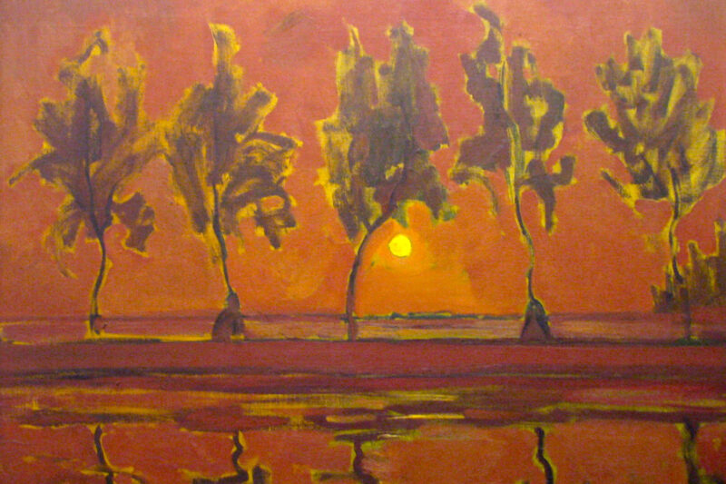 Een bomenrij in de polder geschilderd door Piet Mondriaan, met op de achtergrond een rood gekleurde lucht van de ondergaande zon