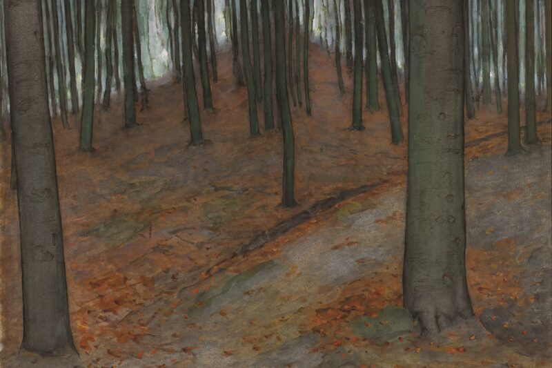 Het schilderij 'Bos' van Piet Mondriaan, waarbij verticaal oprijzende boomstammen op een spits toelopende horizon zijn geplaatst