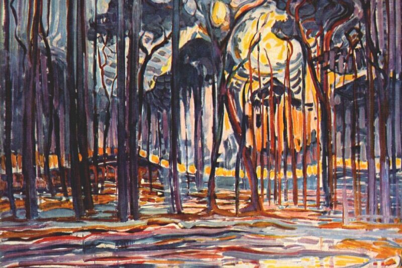 Het schilderij 'Bos bij Oele' van Piet Mondriaan, een expressionistische en kleurrijke weergave van een bos
