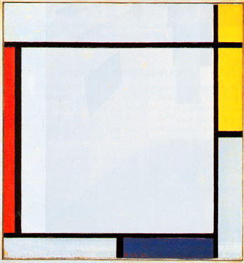 Abstract schilderij van Piet Mondriaan bestaande uit rode, blauwe, gele en witte vlakken en zwarte lijnen