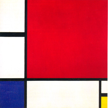 Abstract schilderij van Piet Mondriaan bestaande uit rode, blauwe, gele en witte vlakken en zwarte lijnen