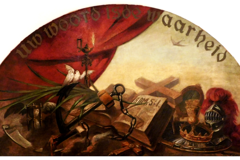 Het halfronde schilderij 'Uw Woord is de Waarheid' waarop christelijke symbolen staan afgebeeld, van Piet Mondriaan.