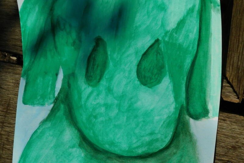 Het eindresultaat; een tekening van de waterbuffel gemaakt met groene potloden en verf