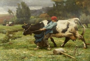 Realistisch schilderij van Julie Dupré met rechts van het midden een koe die een boerenvrouw met alle macht haar kant op probeert te trekken