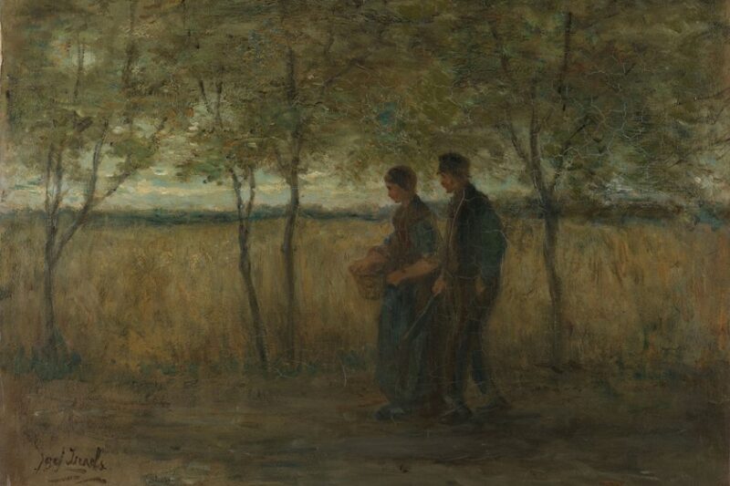 olieverfschilderij van Josef Israels titel Huiswaarts, waarop een wandelende man en vrouw in een landschap met bomen