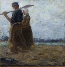 olieverfschilderij van Jan Toorop titel Huiswaarts waarop man en vrouw wandelen in landwerkkleding in open veld. Man draagt een schop op de schouder