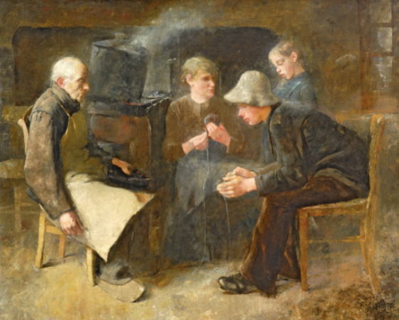Olieverschilderij De Garenwinders van Jan Toorop met 4 personen in een boeren interieur die zich bezig houden met garen en breien.