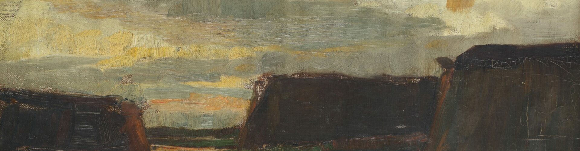 schilderij van Piet Mondriaan titel Drie hooischelven in een veld, met op de achtergrond een ondergaande zon
