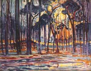 Das Gemälde 'Wald bei Oele' von Piet Mondrian, eine expressionistische und farbenfrohe Darstellung eines Waldes