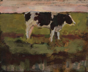 Ein Ölgemälde von Piet Mondrian mit einer Kuh auf einer Wiese