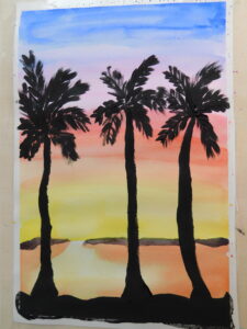 Eine eingereichte Zeichnung eines Sonnenuntergangs mit drei Silhouetten von Palmen im Vordergrund