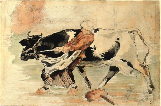 Skizzenartige Zeichnung einer Bäuerin, die mit aller Kraft versucht, eine Kuh in ihre Richtung zu ziehen