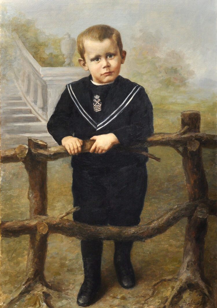 Porträt von Kleine Jantje, auf ein Holztor gelehnt