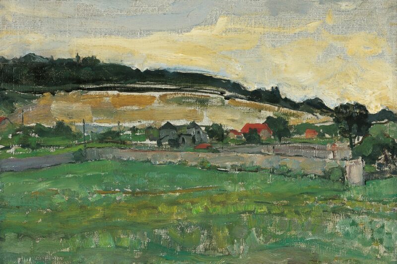Oil painting of a French rural landscape with grey clouds
