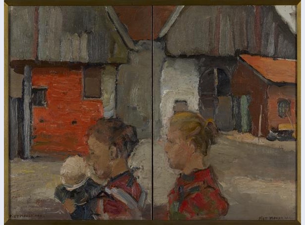 Women with child in front of farm
