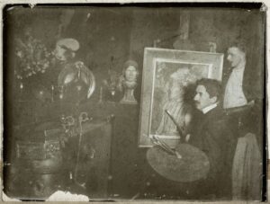 Piet Mondriaan en Cees Bergman (?) in Mondriaans atelier, ca. 1901, onbekende fotograaf.
